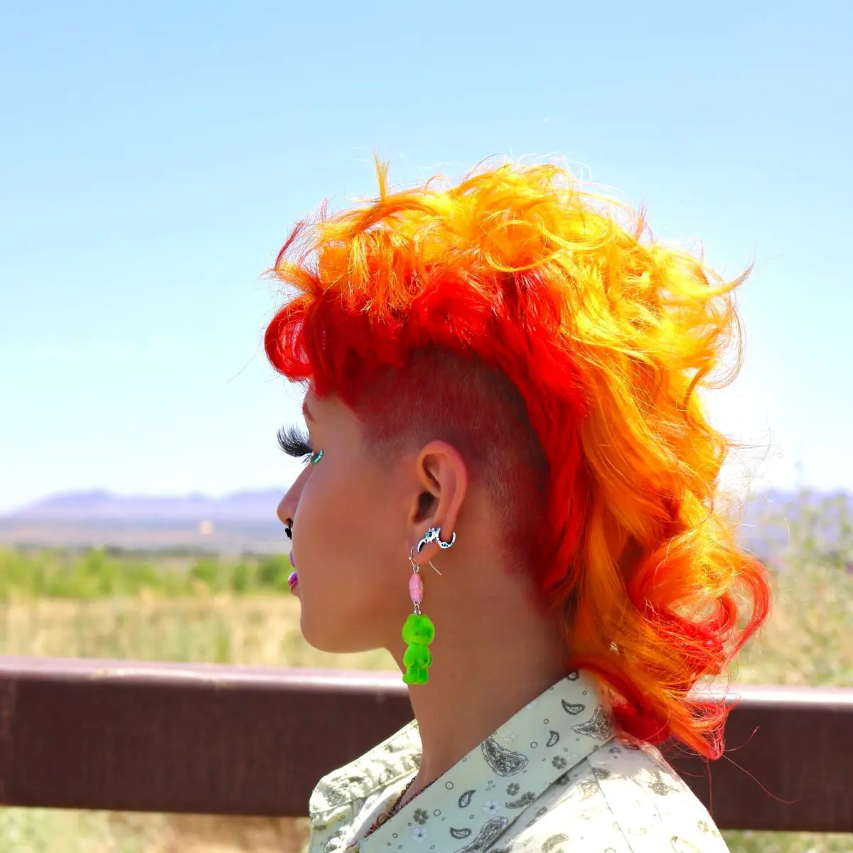 Red, orange and yellow mohawk photographed against a desert landscape by Cuts By Soc